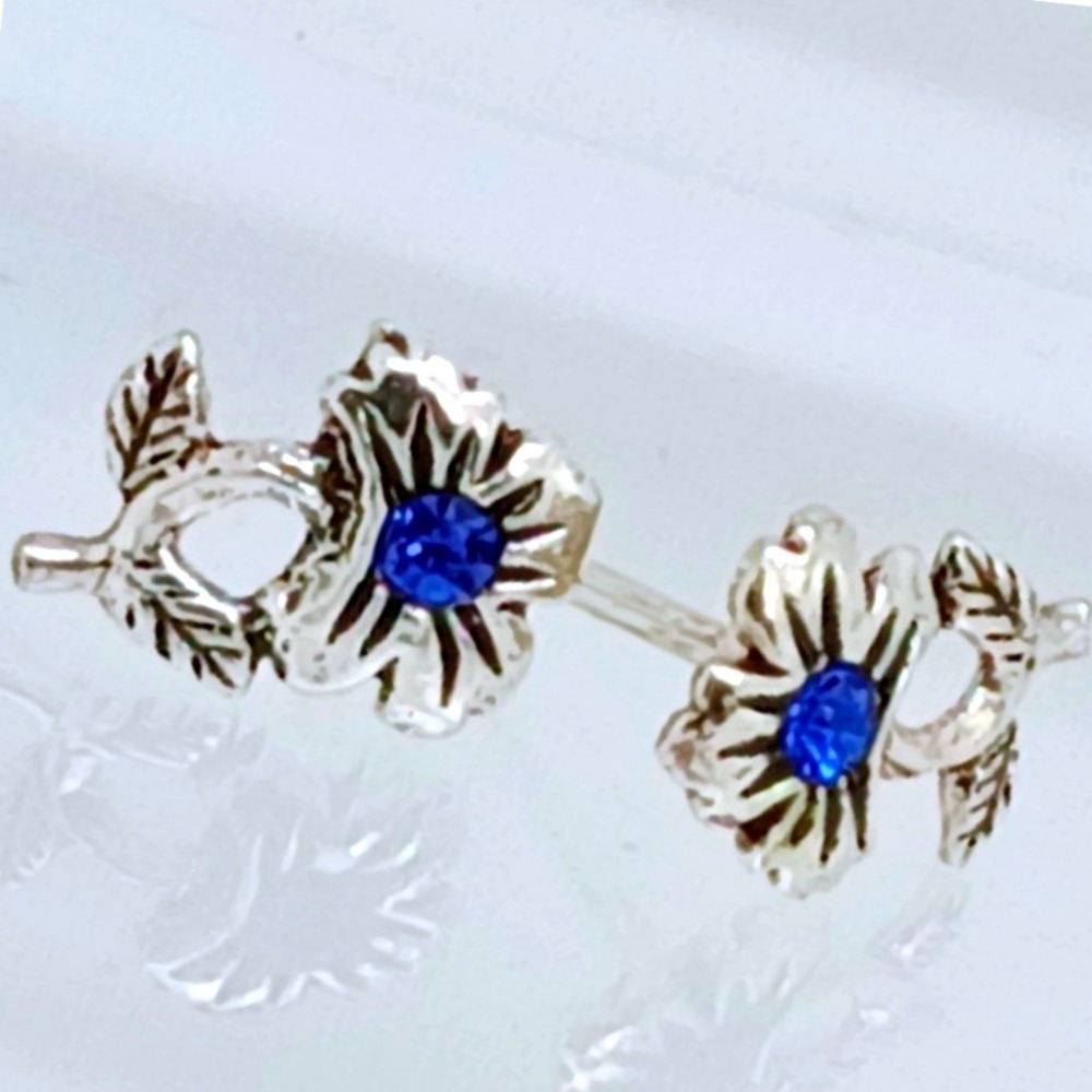 925 Sterling Silver Blue Rhinestone Hibiscus Flower Stud Earrings Floral Jewelry